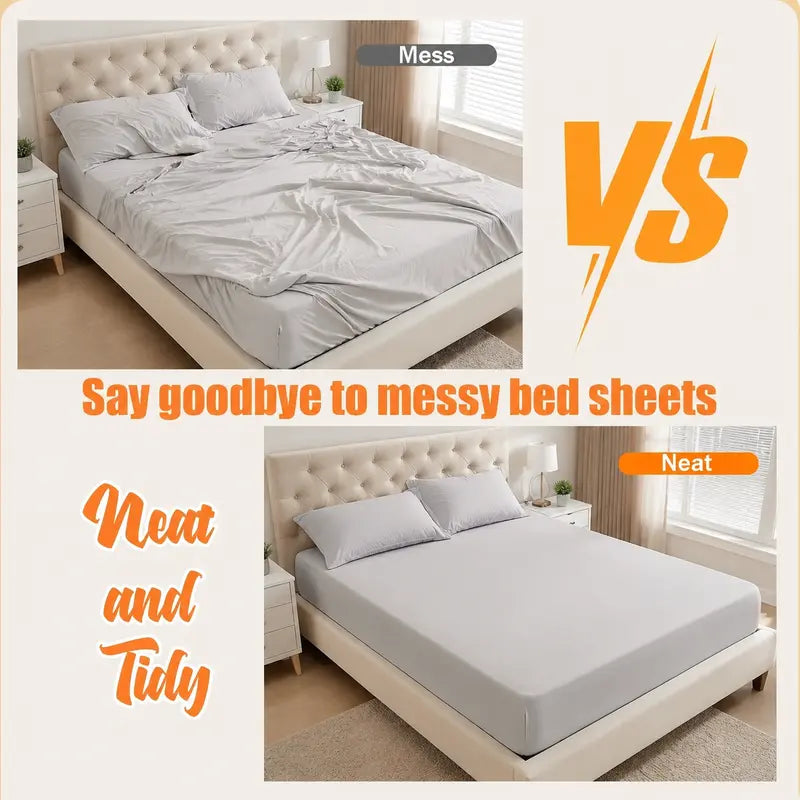 Messy bed sheets compared with neat fitted sheets