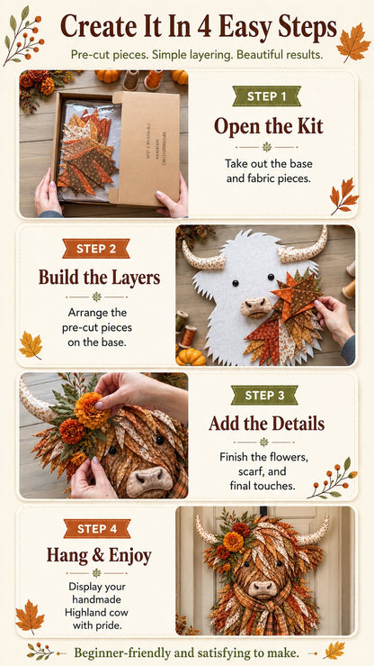 🐮💐🌸 Birth Flower Highland Cow 3D Layered Fabric Art DIY Kit (Beginner-friendly)