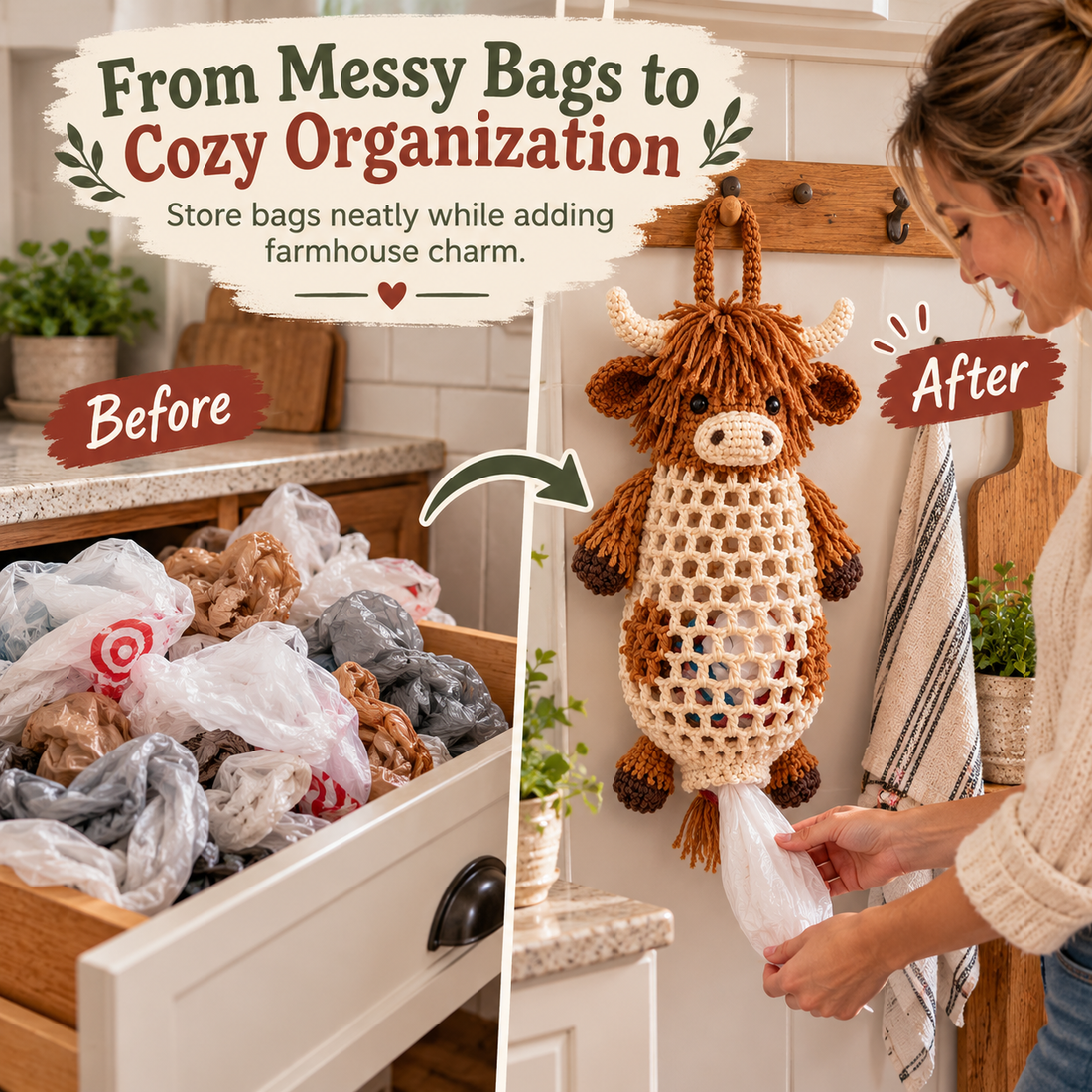 Before and after comparison of messy plastic bags in drawer and crochet Highland Cow hanging bag organizer