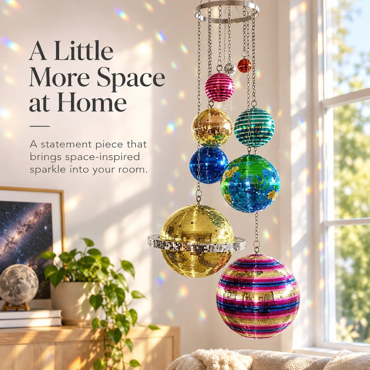 🌈 Solar System Disco Ball Hanging Mobile – Colorful Reflective Celestial Room Decor，10*26in