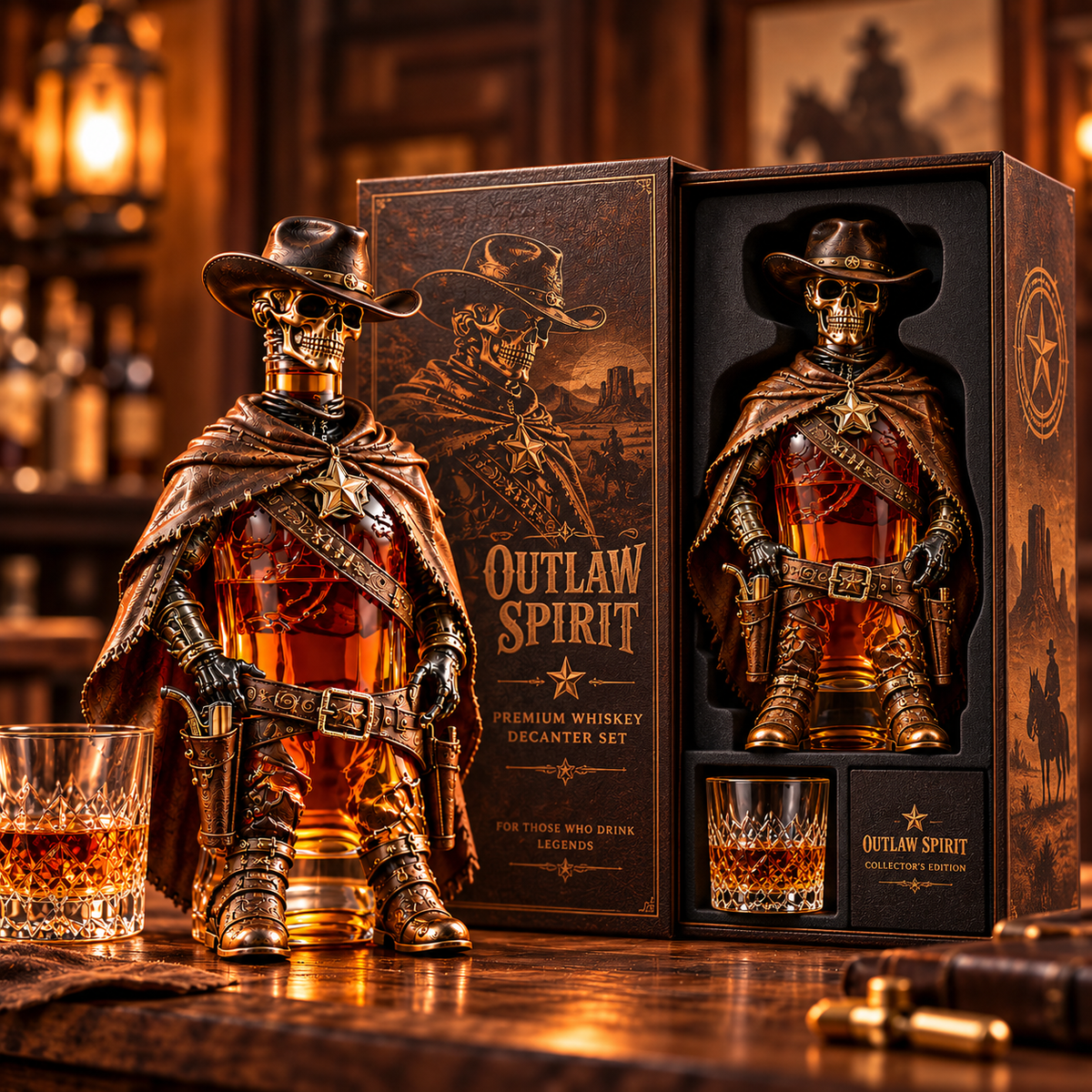🤠💀 Outlaw Spirit Skeleton Cowboy Whiskey Decanter Gift Set 🥃