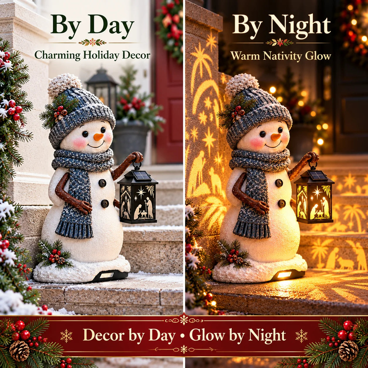 Snowman Christmas light by day and night