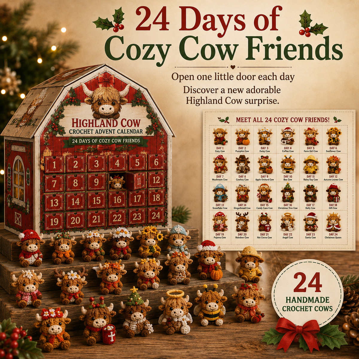 🎄 2026 Cozy Highland Cow Crochet Advent Calendar – 24 Unique Christmas Cow Friends
