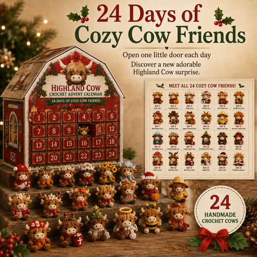 🎄 2026 Cozy Highland Cow Crochet Advent Calendar – 24 Unique Christmas Cow Friends