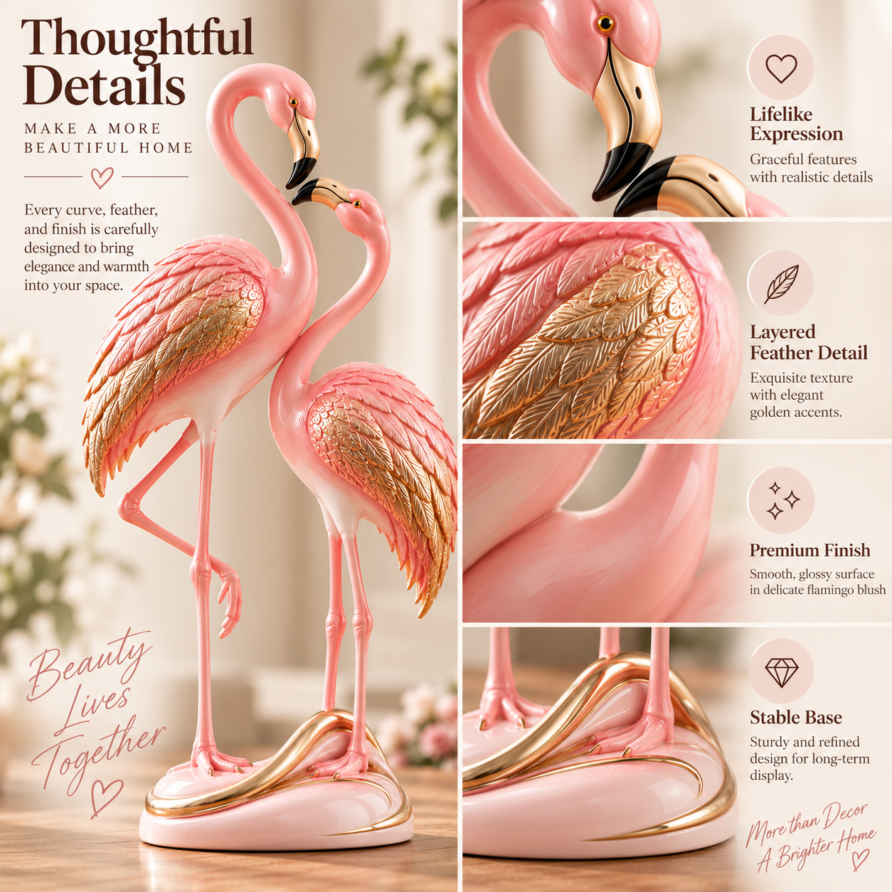 🦩✨ Blush & Gold Flamingo Couple Figurine 🌸💗