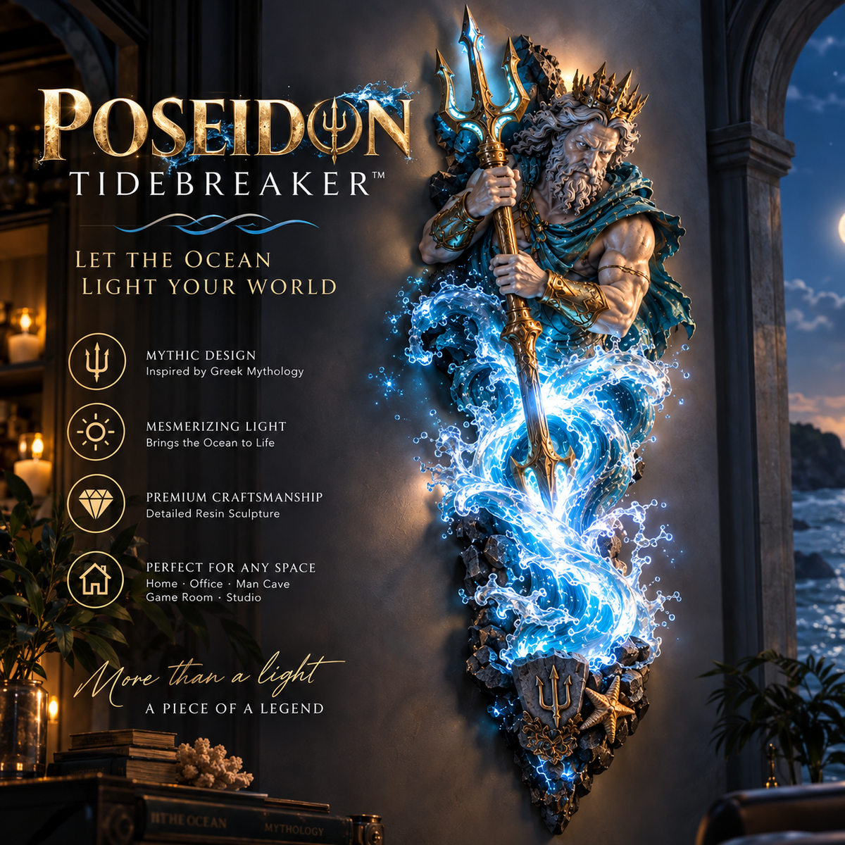 Poseidon Tidebreaker wall lamp with trident and illuminated waves