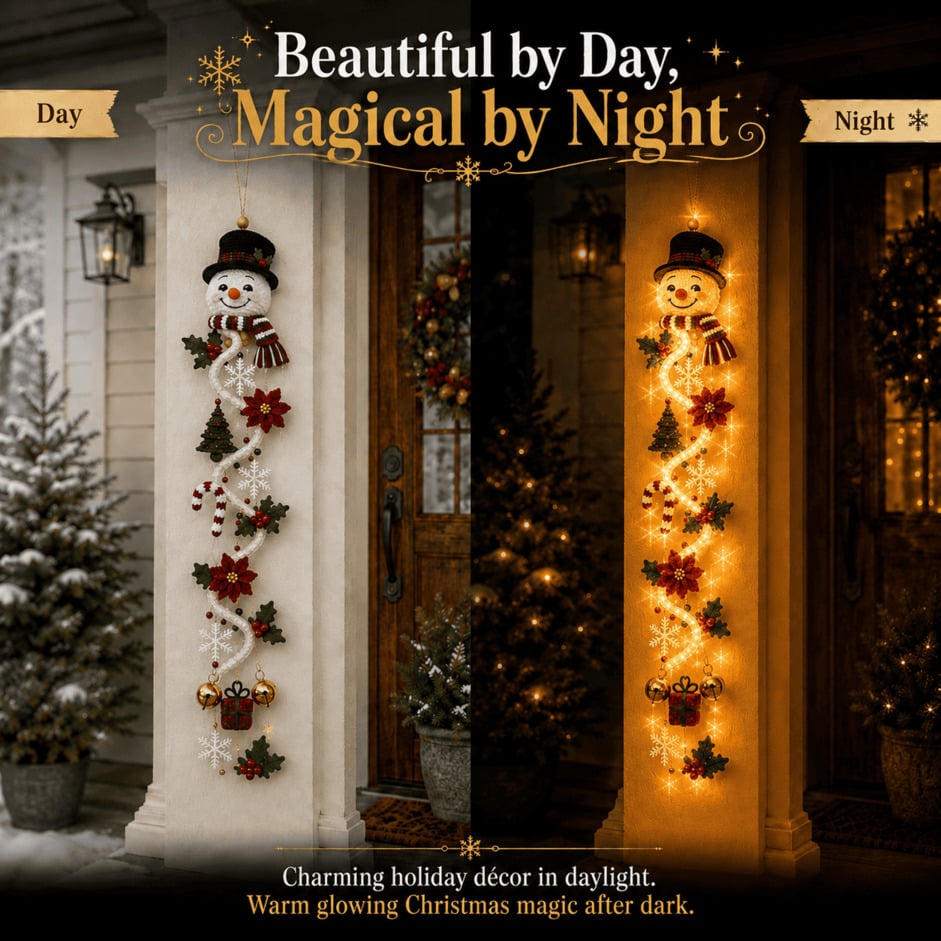 MerryCascade Christmas door hanger glowing at night