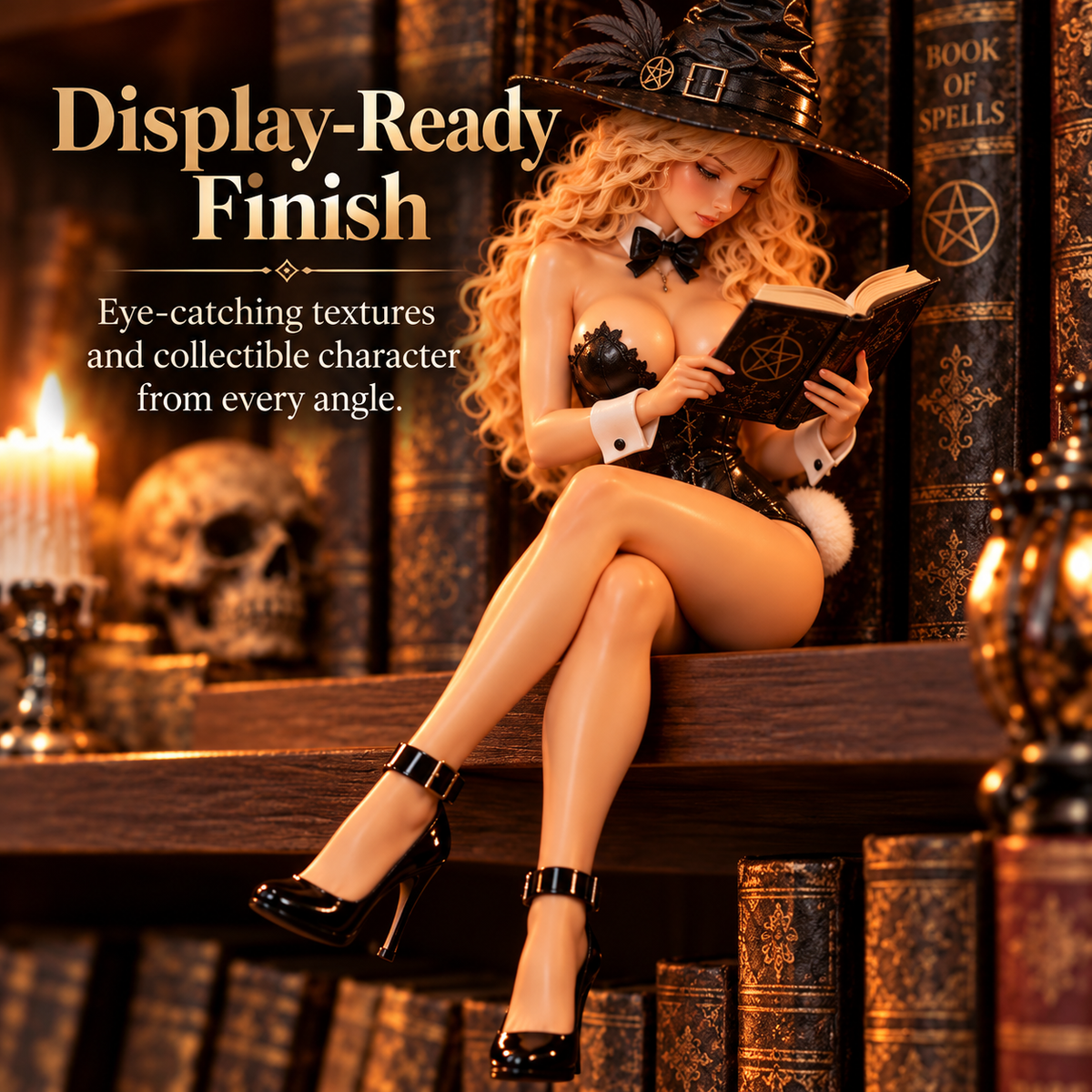 Witchy Bunny Shelf Sitter Figurine – Gothic Reading Witch Decor