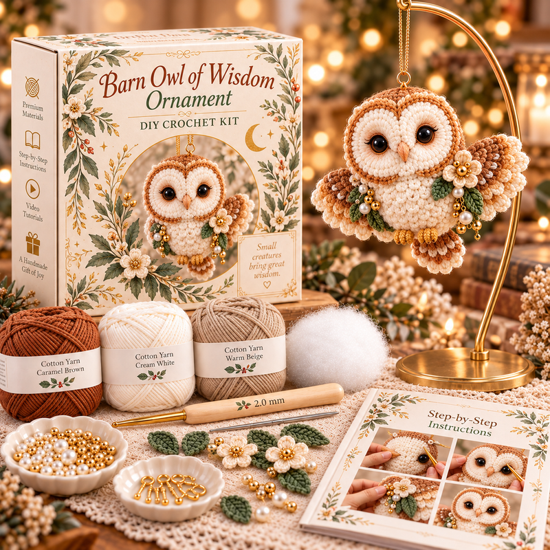 Barn Owl of Wisdom crochet ornament kit with warm brown and cream feathers and floral accents