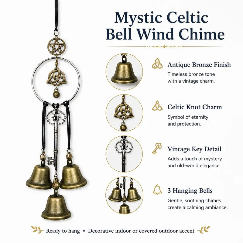 🌙 Vintage Witch Bells – Pentagram & Key Hanging Door Chime 🔔