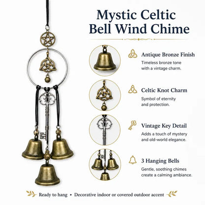 🌙 Vintage Witch Bells – Pentagram & Key Hanging Door Chime 🔔