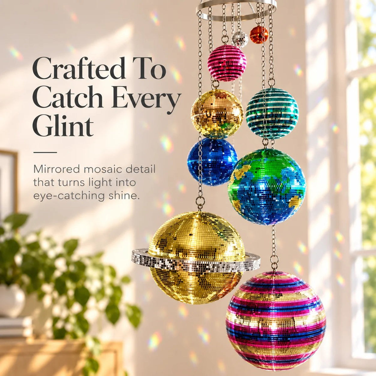 🌈 Solar System Disco Ball Hanging Mobile – Colorful Reflective Celestial Room Decor，10*26in
