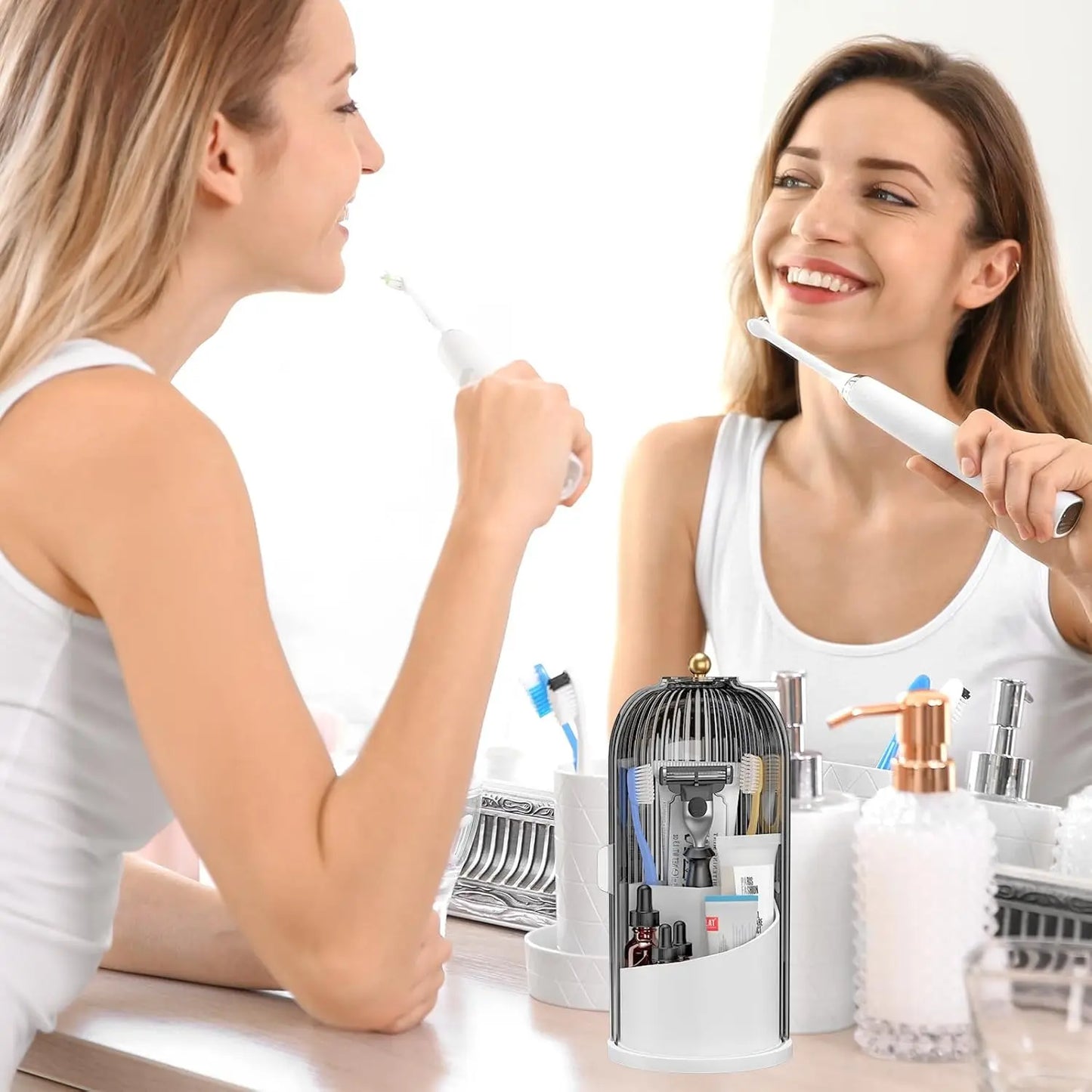 360° Rotating Toothbrush & Vanity Organizer with Clear Sliding Cover