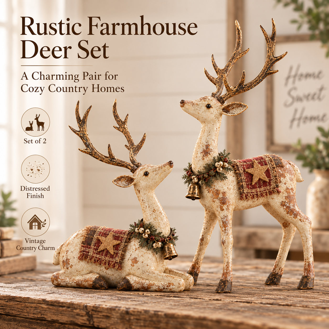 🦌✨ Rustic Farmhouse Reindeer Figurine Set 🎄🤎