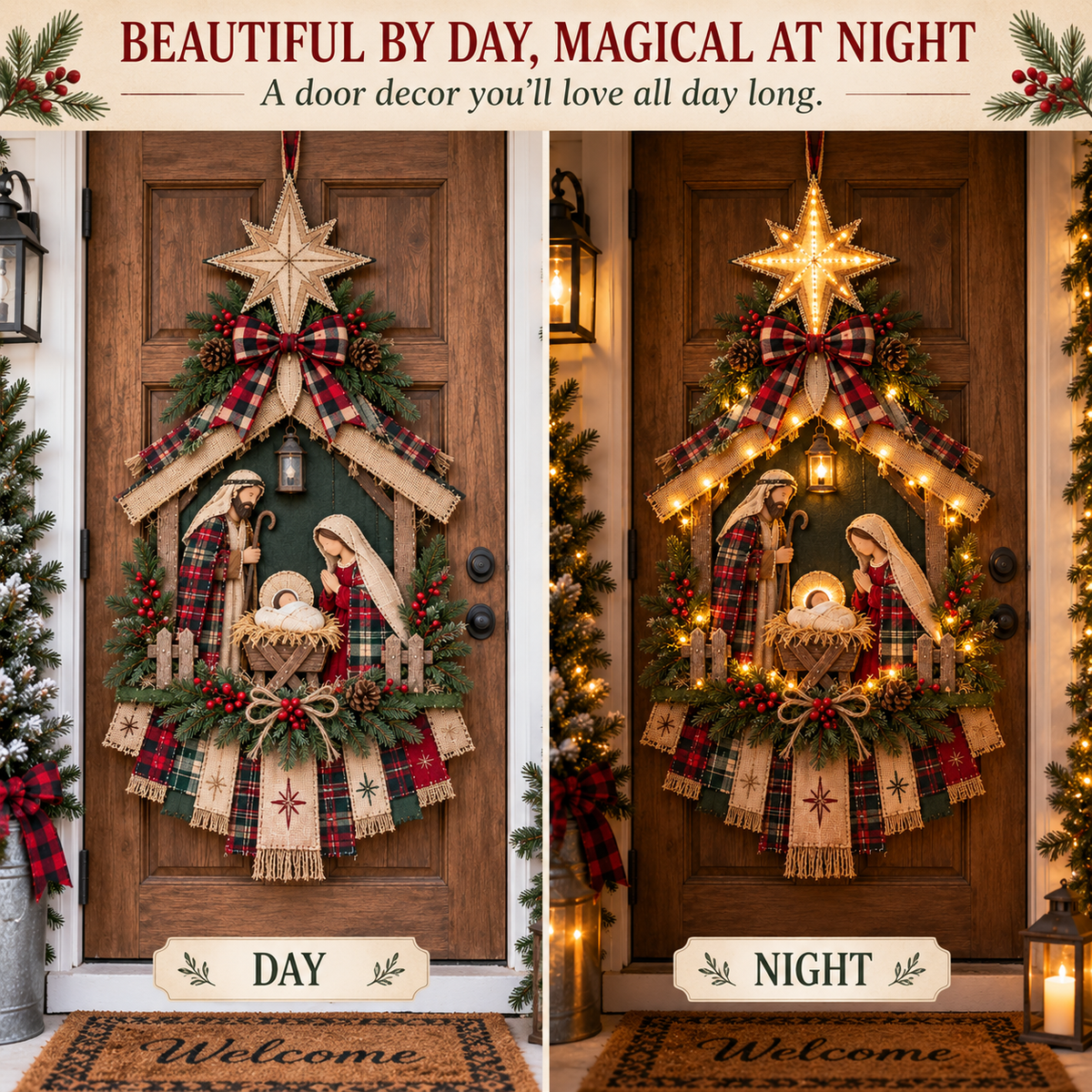 Christmas Nativity door hanging shown by day and at night