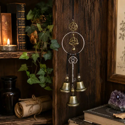 🌙 Vintage Witch Bells – Pentagram & Key Hanging Door Chime 🔔