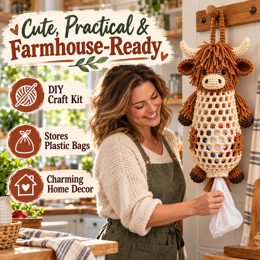 Finished Highland Cow crochet bag holder hanging in farmhouse style kitchen as practical decoration