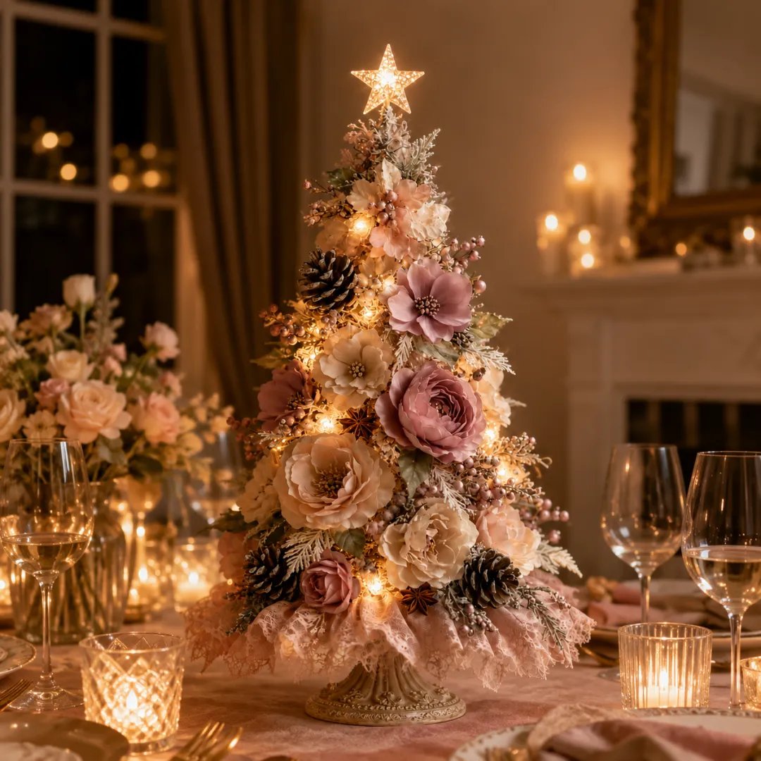 Blush Bloom Christmas tree on holiday dinner table
