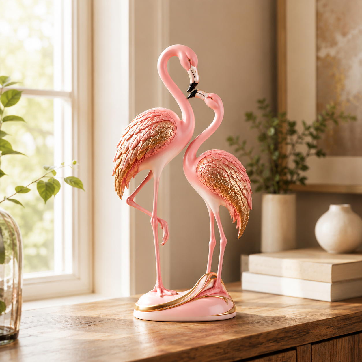 🦩✨ Blush & Gold Flamingo Couple Figurine 🌸💗