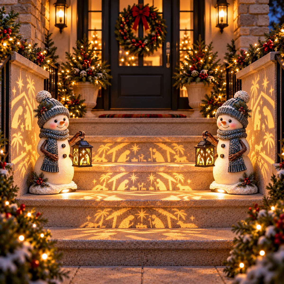 ⛄ Last Day 49% Snowman Nativity Glow™ – Solar Christmas Step Light with Holy Family Projection