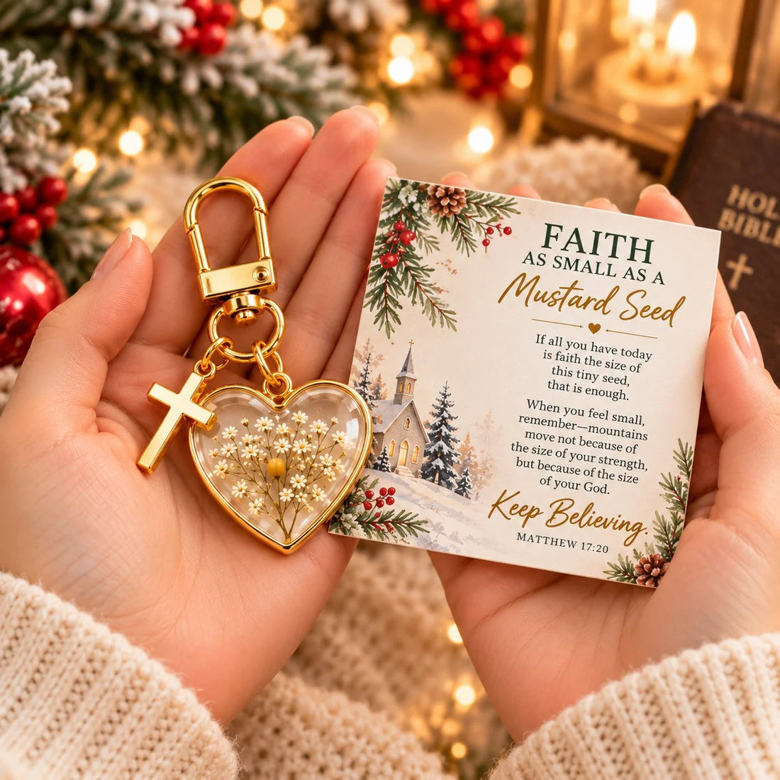 Mustard seed faith keychain close up