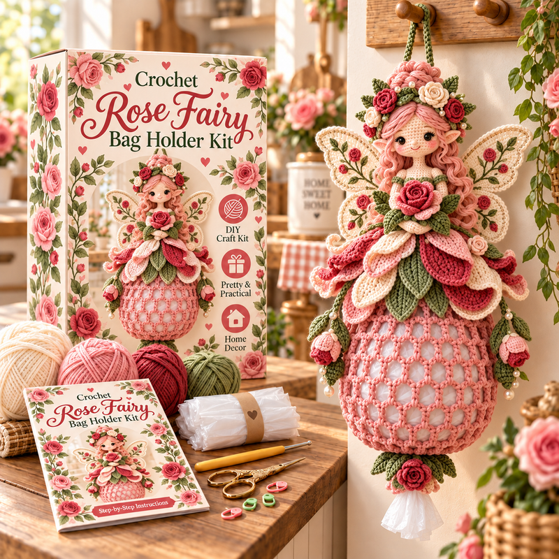 Rose Fairy crochet bag holder DIY kit with pink roses and layered floral dress