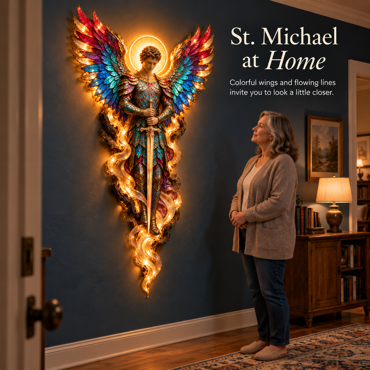 Michael angel wall sculpture displayed at home