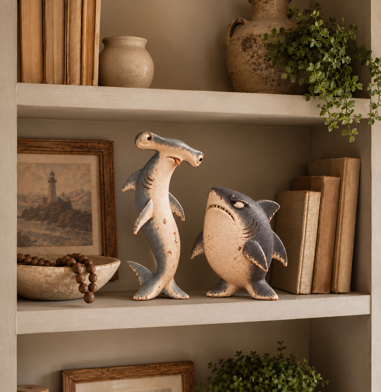 Weathered wood look shark figurine details