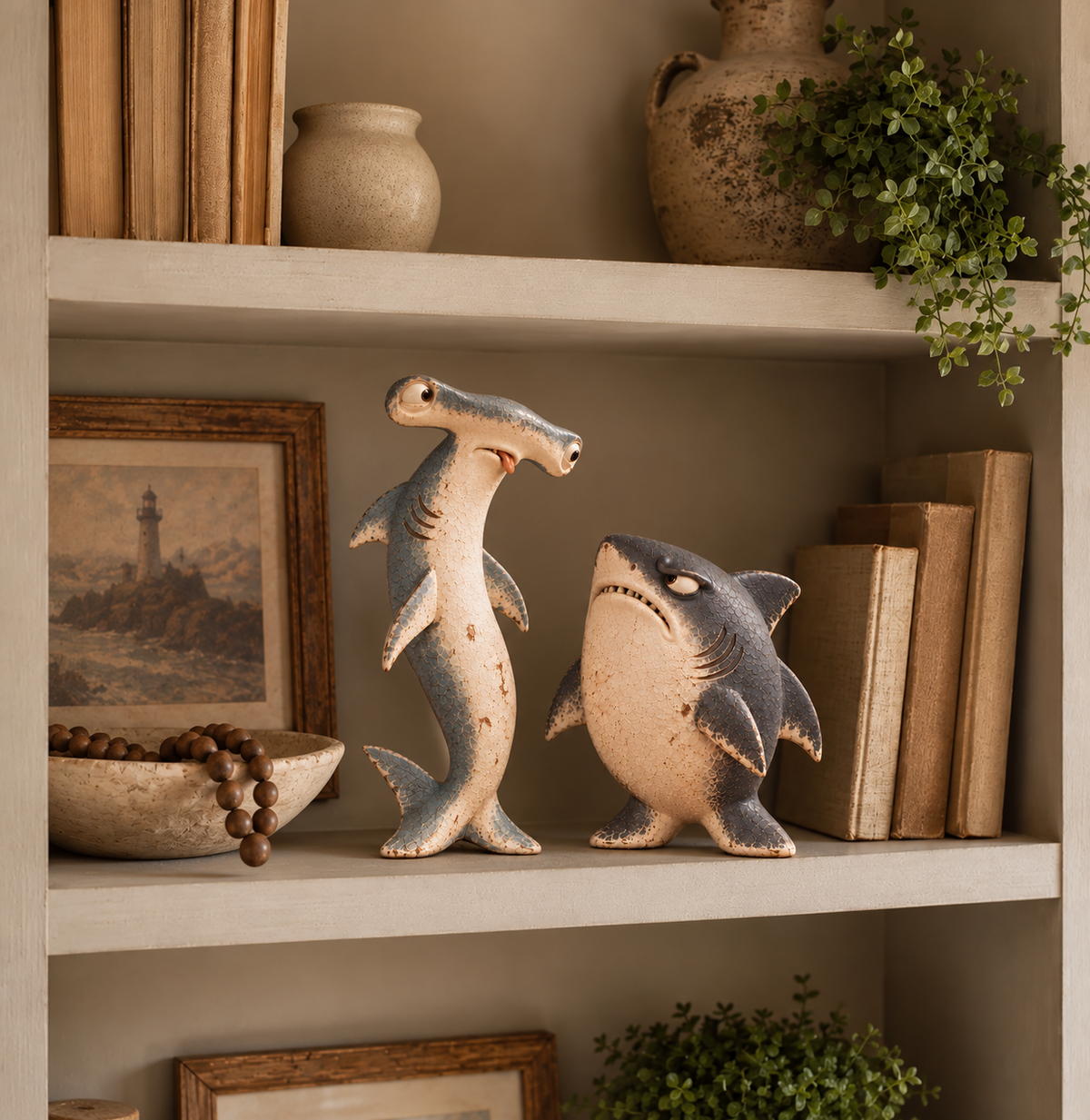 Chaos and Regret shark pair on bookshelf