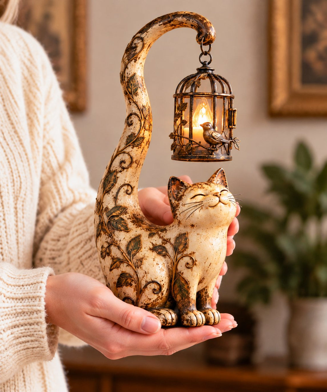 Cat lantern sculpture in a cozy reading nook