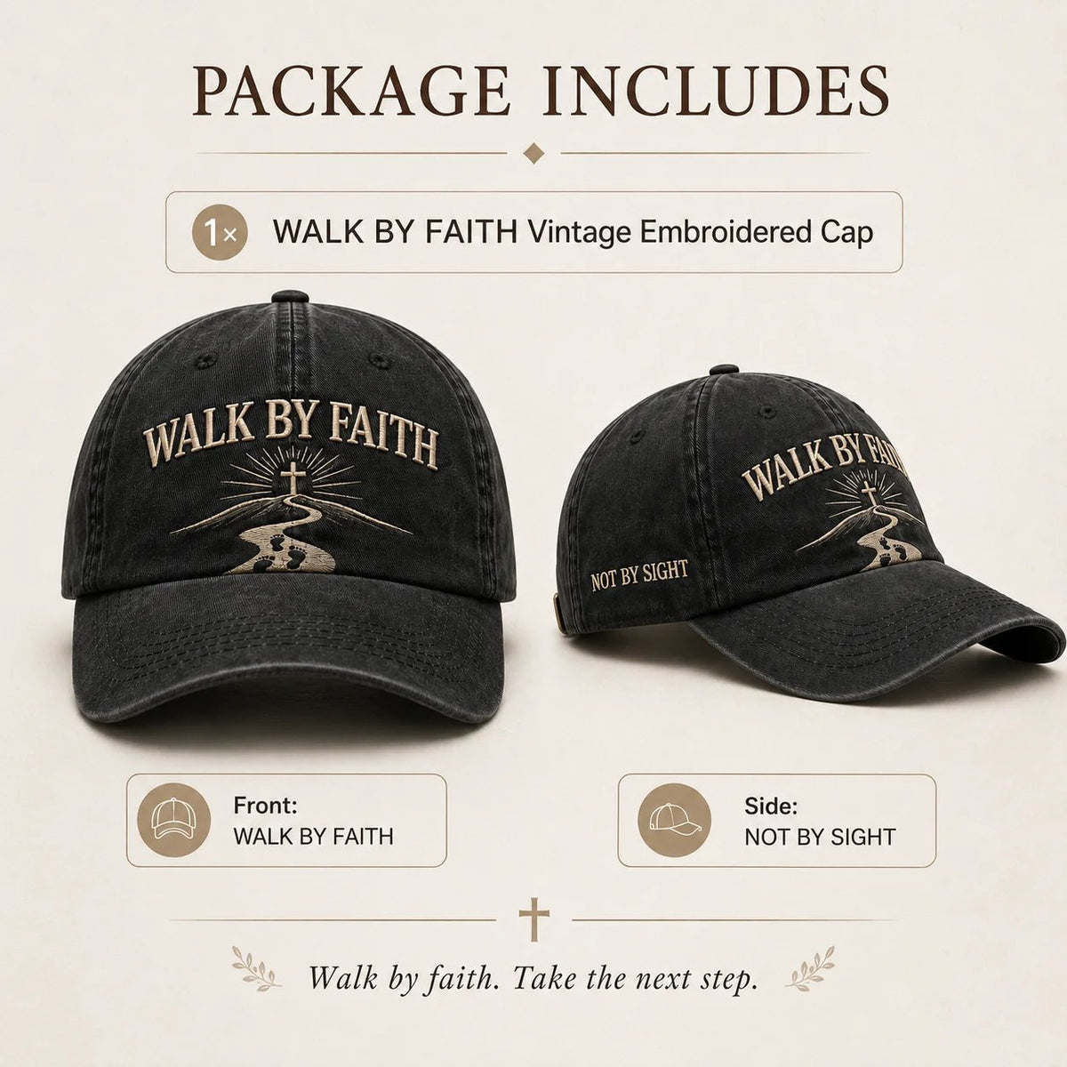 ✝️ WALK BY FAITH Vintage Embroidered Cap |  A Meaningful Vintage-Washed Cap for Church, Everyday Wear, Road Trips & Encouragement Gifts. ✨