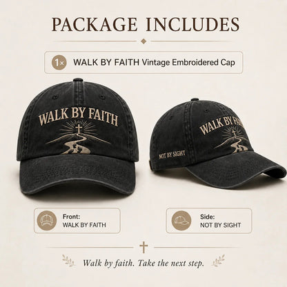 ✝️ WALK BY FAITH Vintage Embroidered Cap |  A Meaningful Vintage-Washed Cap for Church, Everyday Wear, Road Trips & Encouragement Gifts. ✨