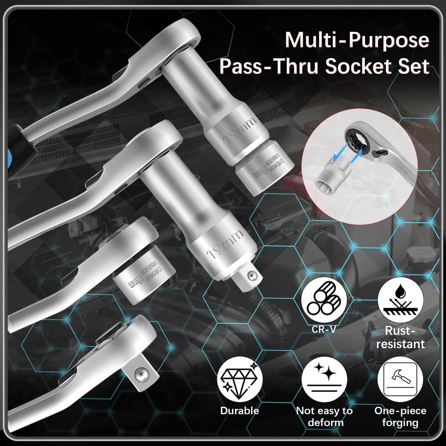 17-Piece Pass-Through Socket Set with 72-Tooth Reversible Ratchet