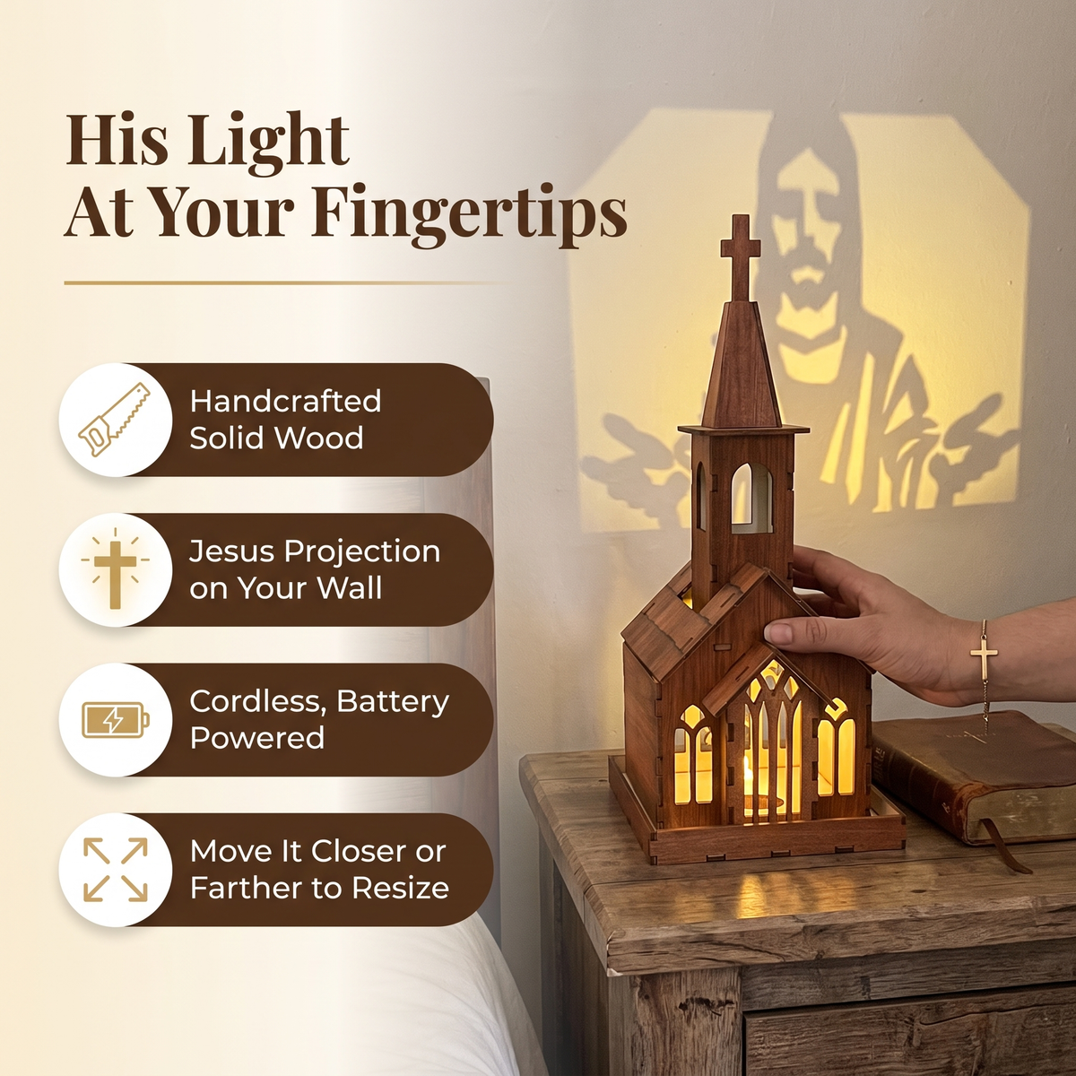 Hands of Heaven church lamp projecting Jesus with open arms onto a wall