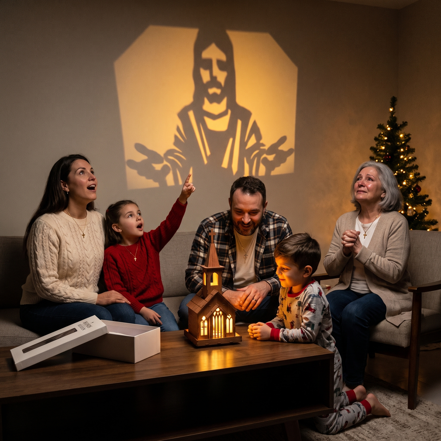 Hands of Heaven church lamp projecting Jesus on a wall