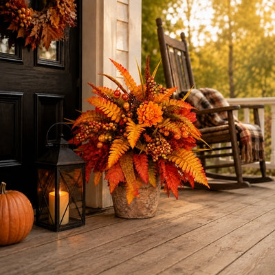 Autumn floral porch decoration beside lantern