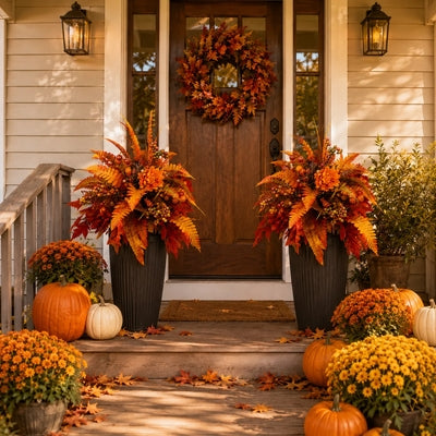 Two Autumn Harvest Floral arrangements framing front door