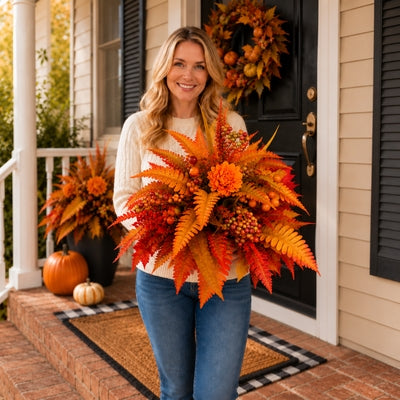 Woman holding Autumn Harvest Floral arrangement