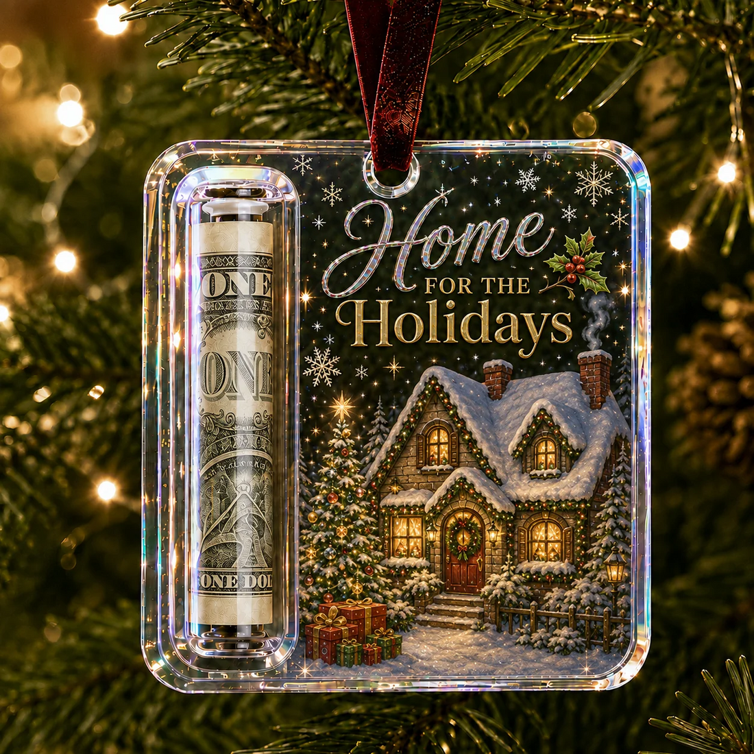 Christmas Cottage cash ornament displayed on tree