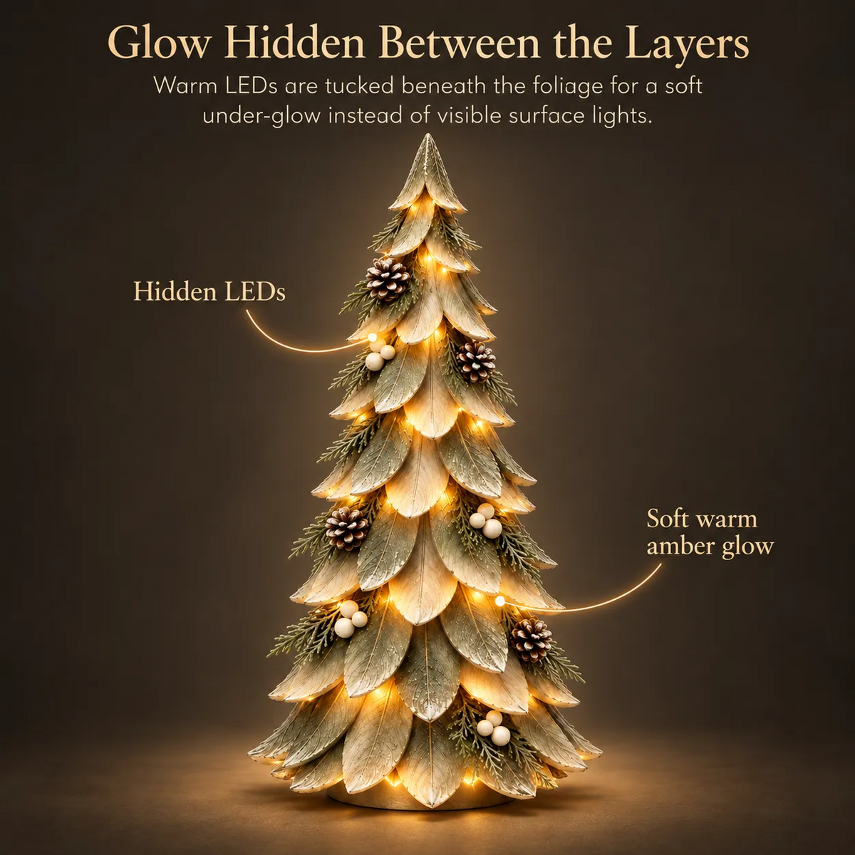 Hidden warm lights between the layered leaves