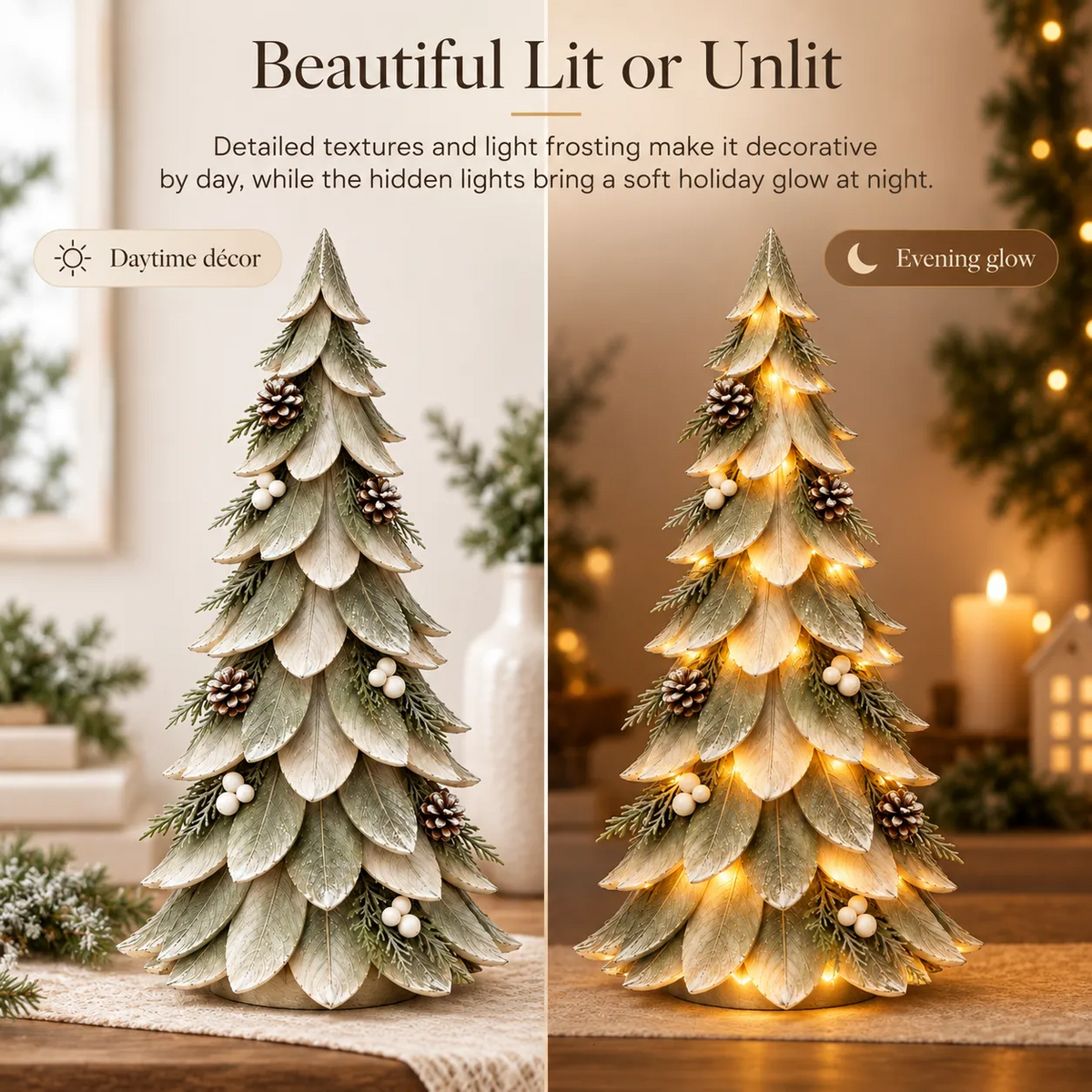 Winterleaf Glow Christmas tree daytime and evening comparison