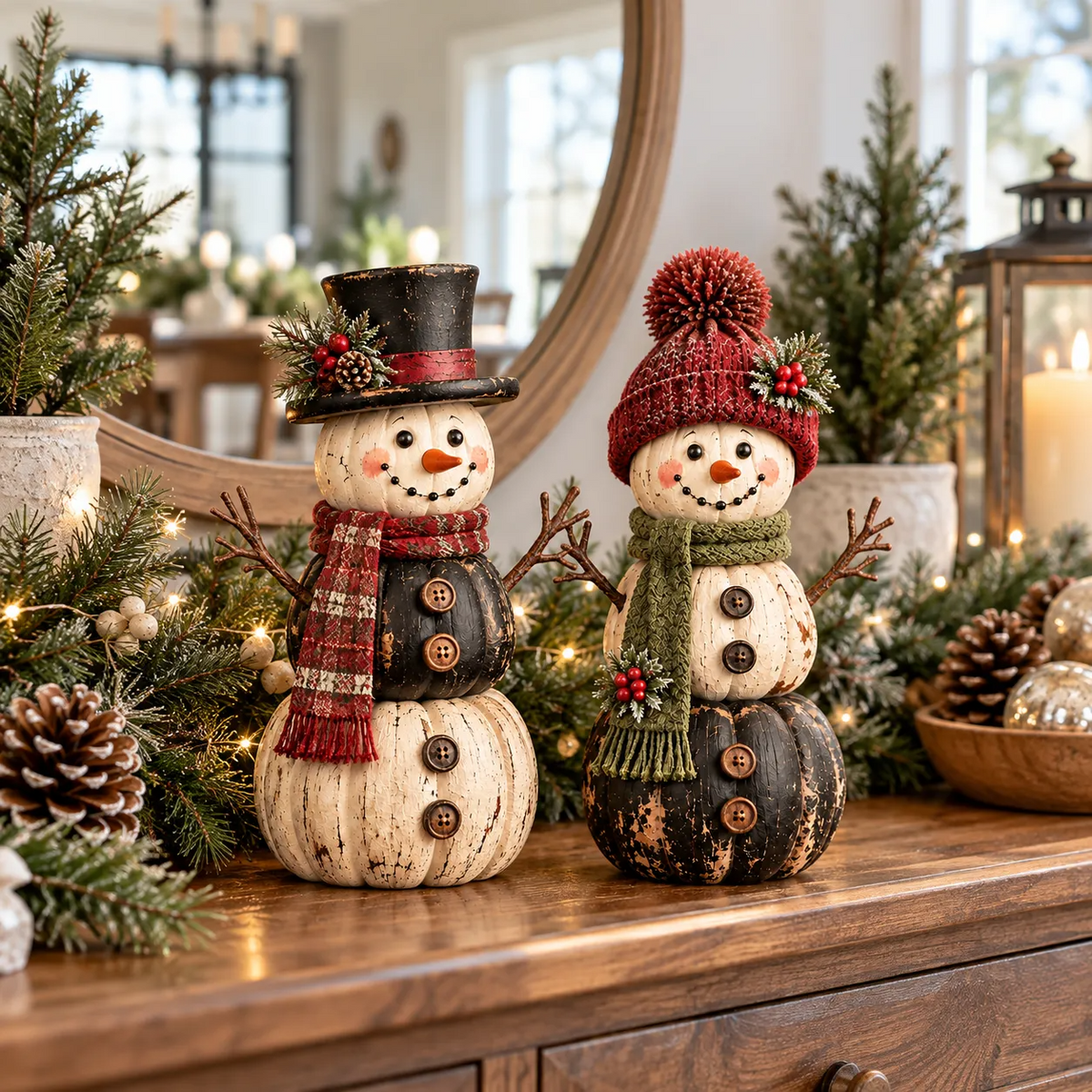 ☃️ Vintage Pumpkin Snowman Duo – Rustic Black & Ivory Farmhouse Christmas Figurines