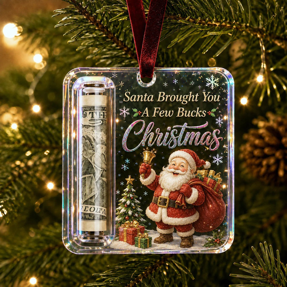 Santa Christmas cash gift ornament hanging on a Christmas tree