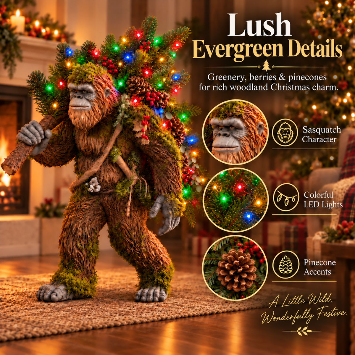 Woodland Sasquatch character evergreen pinecone and light details